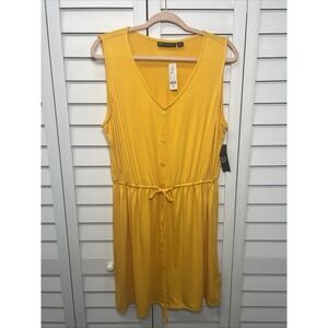 New York & Company Button Front V-Neck Knit Shift Dress Size L Yellow/Gold NWT